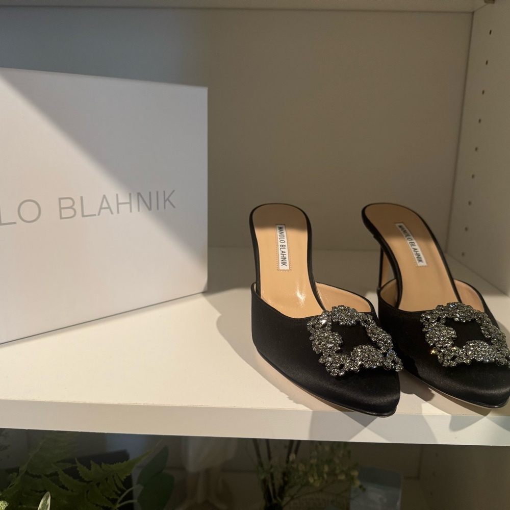 Manolo Blahnik Black Mules with Crystal Embellishment